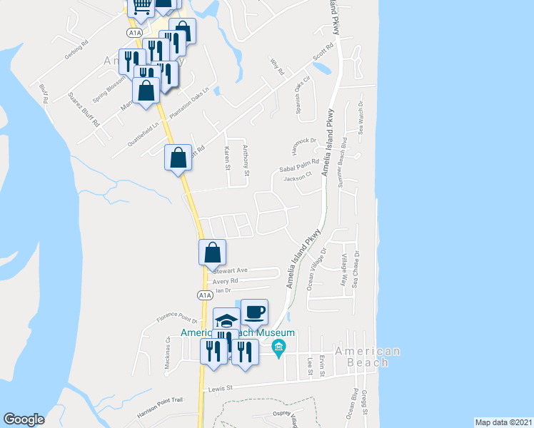 map of restaurants, bars, coffee shops, grocery stores, and more near 95052 Summerwoods Circle in Fernandina Beach