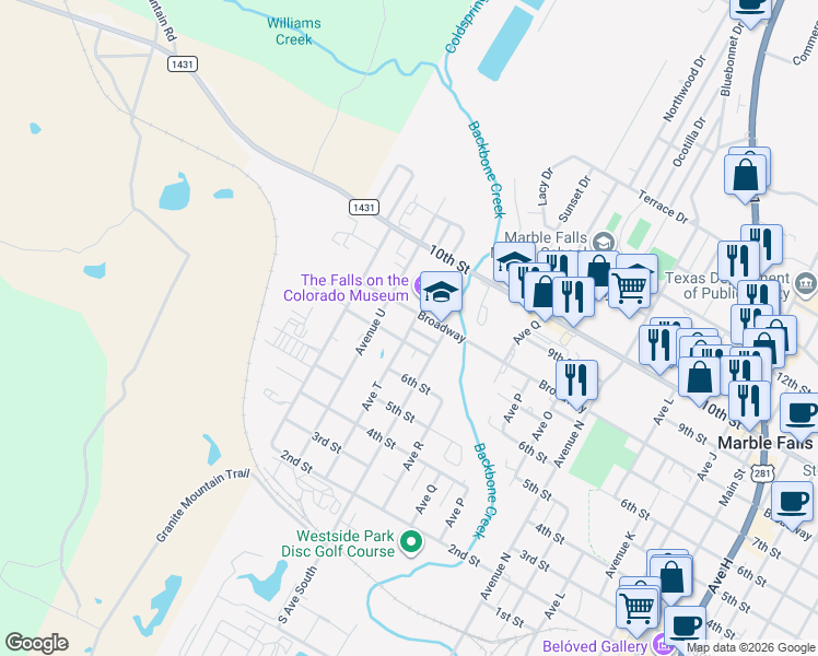 map of restaurants, bars, coffee shops, grocery stores, and more near 612 Avenue T in Marble Falls