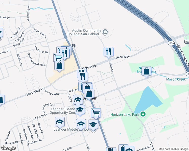 map of restaurants, bars, coffee shops, grocery stores, and more near 318 North Gabriel Street in Leander