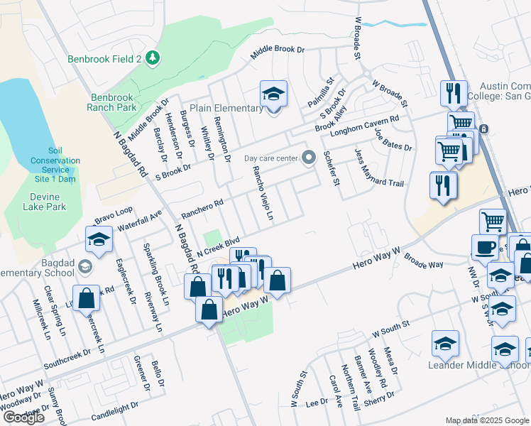 map of restaurants, bars, coffee shops, grocery stores, and more near 709 Rancho Viejo Lane in Leander