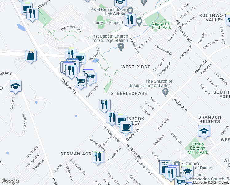 map of restaurants, bars, coffee shops, grocery stores, and more near 2314 Antelope Lane in College Station