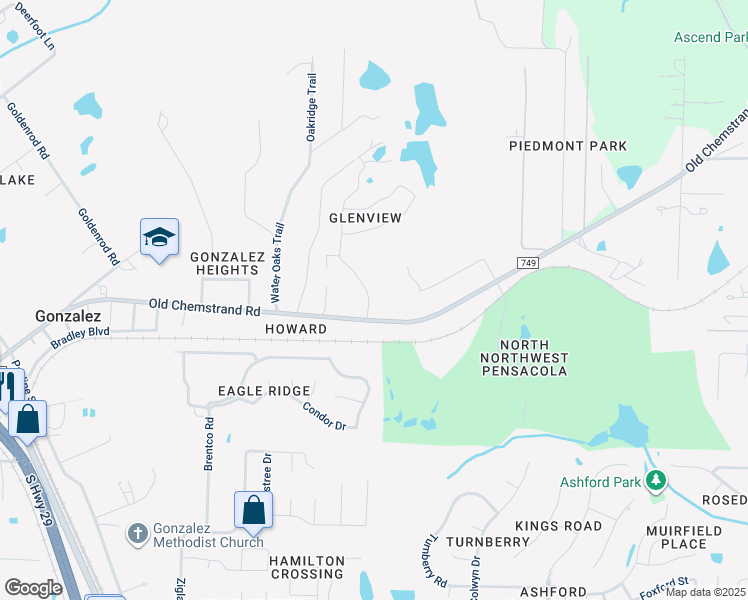 map of restaurants, bars, coffee shops, grocery stores, and more near 2160 Old Chemstrand Road in Cantonment