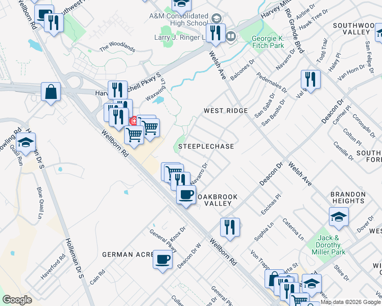 map of restaurants, bars, coffee shops, grocery stores, and more near 2313 Trace Meadows in College Station