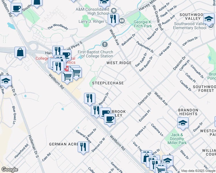 map of restaurants, bars, coffee shops, grocery stores, and more near 2333 Antelope Lane in College Station