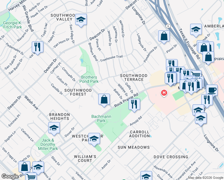 map of restaurants, bars, coffee shops, grocery stores, and more near 3306 Bahia Drive in College Station