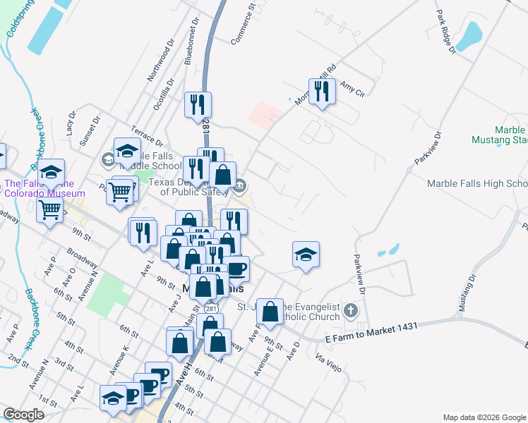 map of restaurants, bars, coffee shops, grocery stores, and more near 1301 Max Copeland Drive in Marble Falls