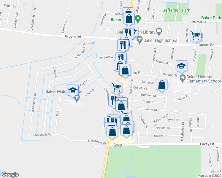 map of restaurants, bars, coffee shops, grocery stores, and more near 504 Cypress Drive in Baker