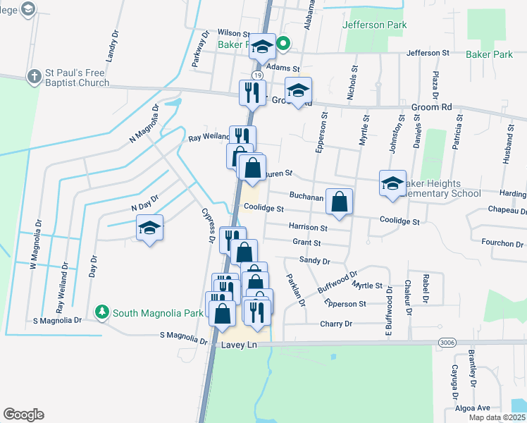 map of restaurants, bars, coffee shops, grocery stores, and more near 3258 Coolidge Street in Baker