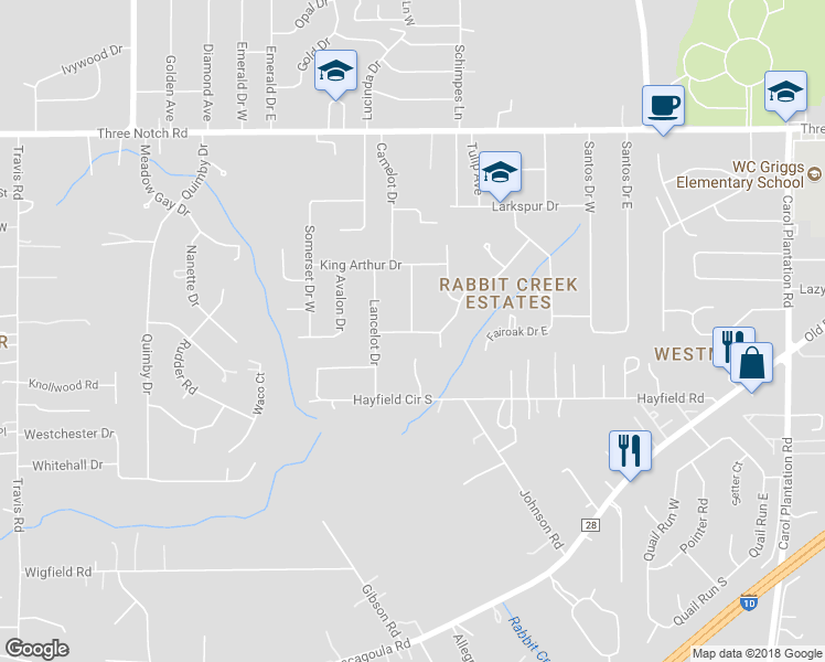 map of restaurants, bars, coffee shops, grocery stores, and more near 5199 Gallahad Drive in Mobile
