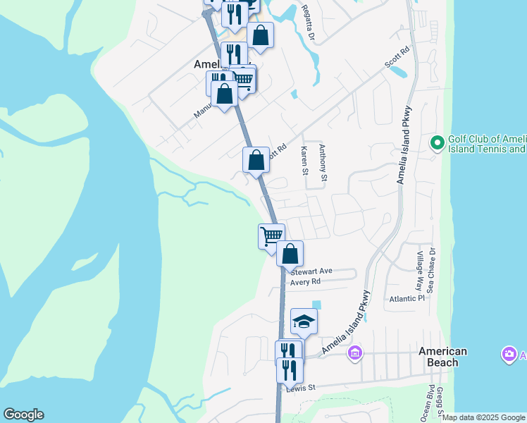 map of restaurants, bars, coffee shops, grocery stores, and more near 95068 Spring Tide Lane in Fernandina Beach