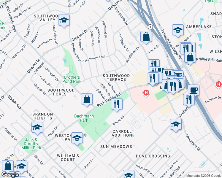 map of restaurants, bars, coffee shops, grocery stores, and more near 3400 Wildrye Drive in College Station