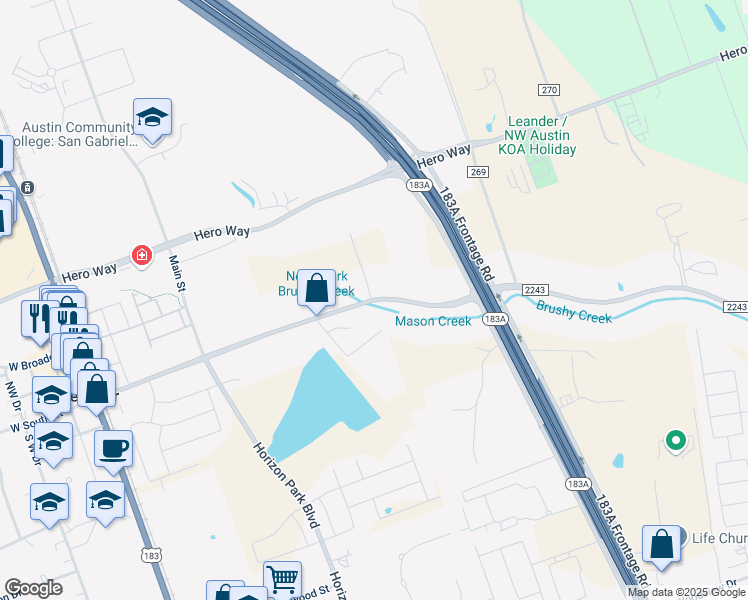 map of restaurants, bars, coffee shops, grocery stores, and more near 9815-9869 Farm to Market Road 2243 in Leander