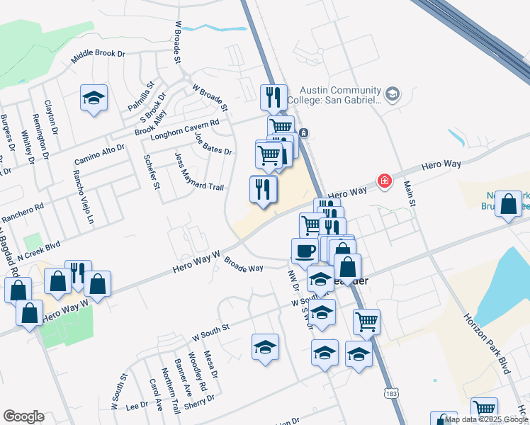 map of restaurants, bars, coffee shops, grocery stores, and more near 651 U.S. 183 in Leander