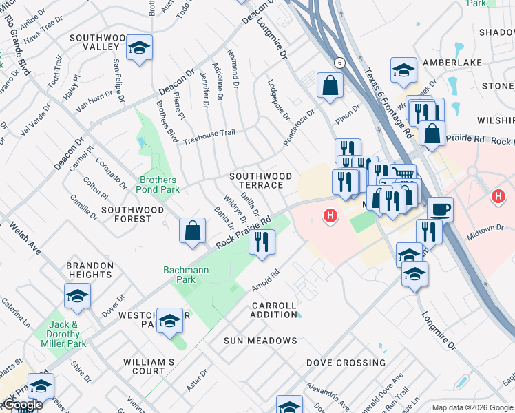 map of restaurants, bars, coffee shops, grocery stores, and more near 3411 Dallis Drive in College Station