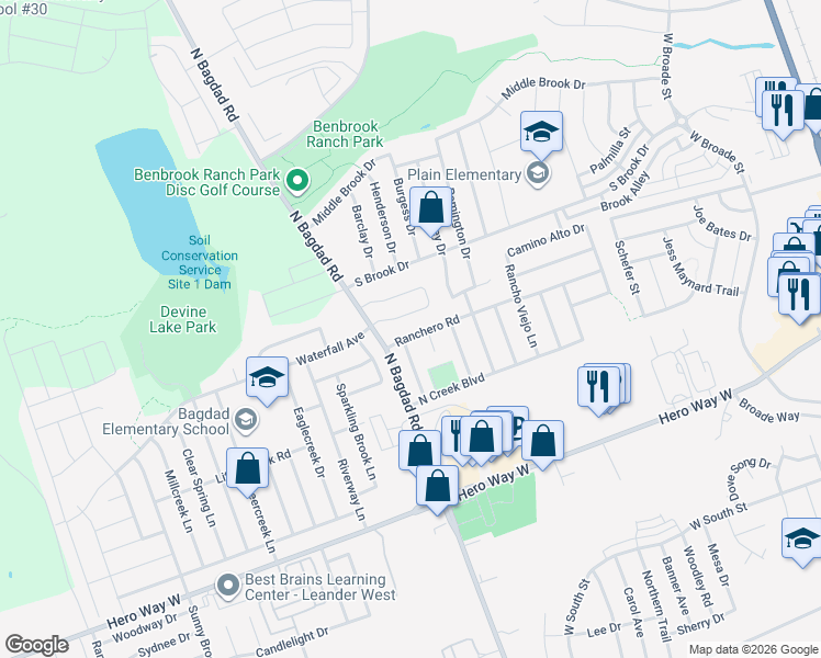 map of restaurants, bars, coffee shops, grocery stores, and more near 810 Encinita Drive in Leander