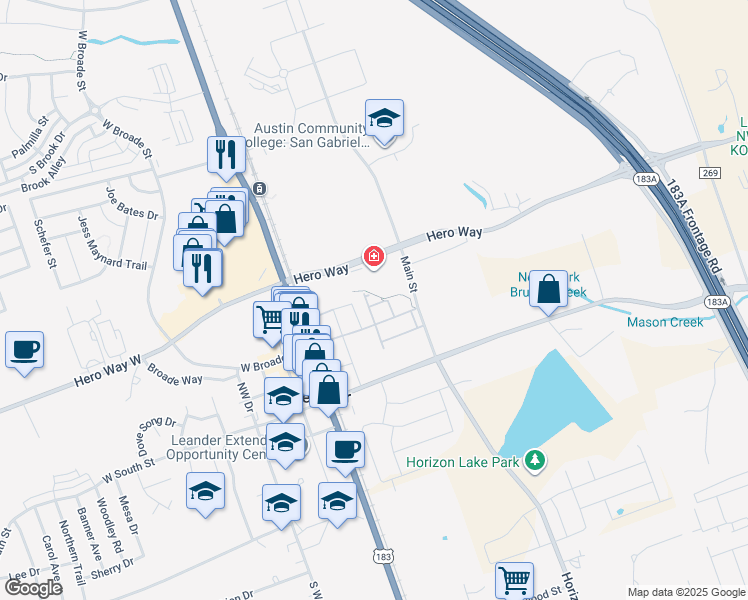 map of restaurants, bars, coffee shops, grocery stores, and more near 245 Prairie Chapel Drive in Leander