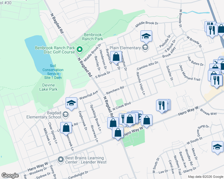 map of restaurants, bars, coffee shops, grocery stores, and more near 1005 Ranchero Road in Leander