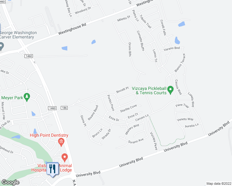 map of restaurants, bars, coffee shops, grocery stores, and more near 2710 Fortezza Way in Round Rock