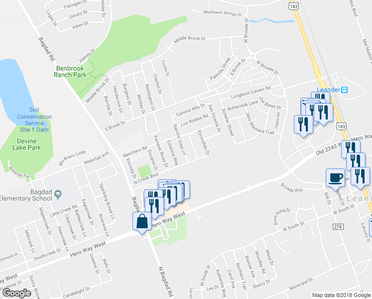 map of restaurants, bars, coffee shops, grocery stores, and more near 710 Rancho Viejo Lane in Leander