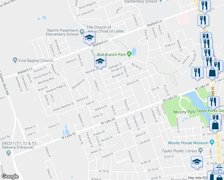 map of restaurants, bars, coffee shops, grocery stores, and more near 1011 Gilmore Street in Taylor