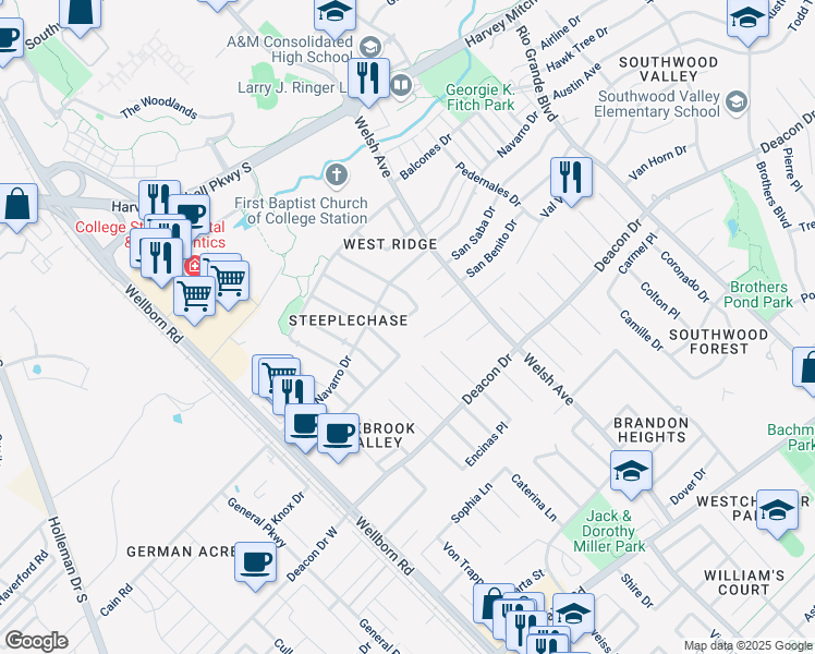 map of restaurants, bars, coffee shops, grocery stores, and more near 406 Pronghorn Loop in College Station