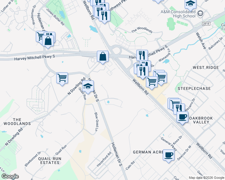 map of restaurants, bars, coffee shops, grocery stores, and more near 3055 Holleman Drive South in College Station