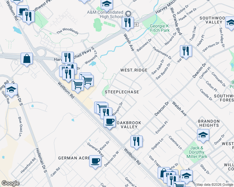 map of restaurants, bars, coffee shops, grocery stores, and more near 2319 Antelope Lane in College Station