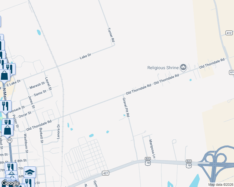 map of restaurants, bars, coffee shops, grocery stores, and more near 1504 Old Thorndale Road in Taylor