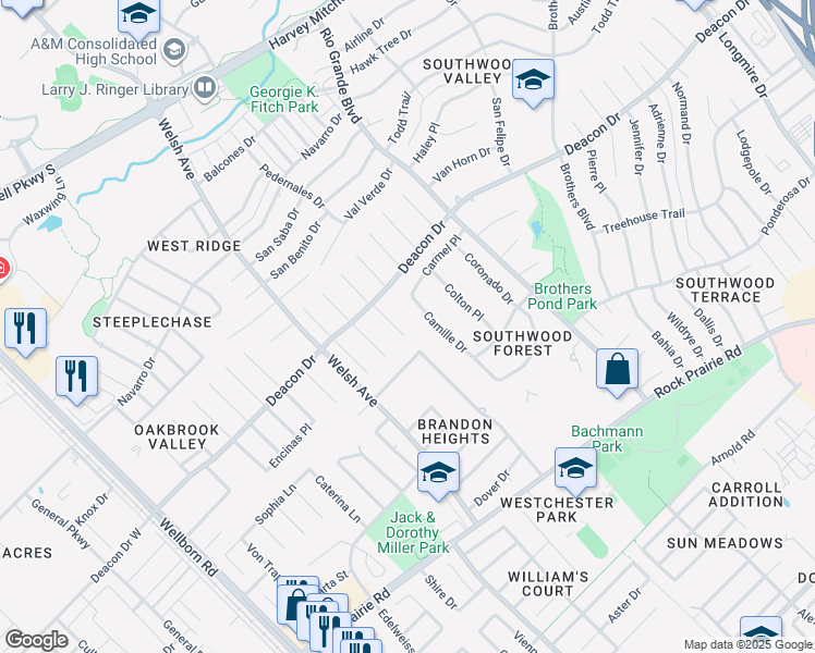 map of restaurants, bars, coffee shops, grocery stores, and more near 3111 Westchester Avenue in College Station