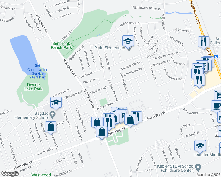 map of restaurants, bars, coffee shops, grocery stores, and more near 809 Pampas Ricas Drive in Leander