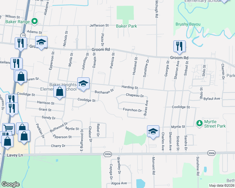 map of restaurants, bars, coffee shops, grocery stores, and more near 806 West Chapeau Drive in Baker