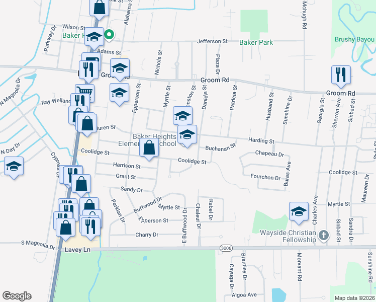 map of restaurants, bars, coffee shops, grocery stores, and more near 3750 Harding Street in Baker