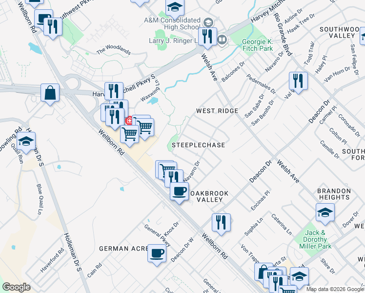 map of restaurants, bars, coffee shops, grocery stores, and more near 2313 Trace Meadows in College Station