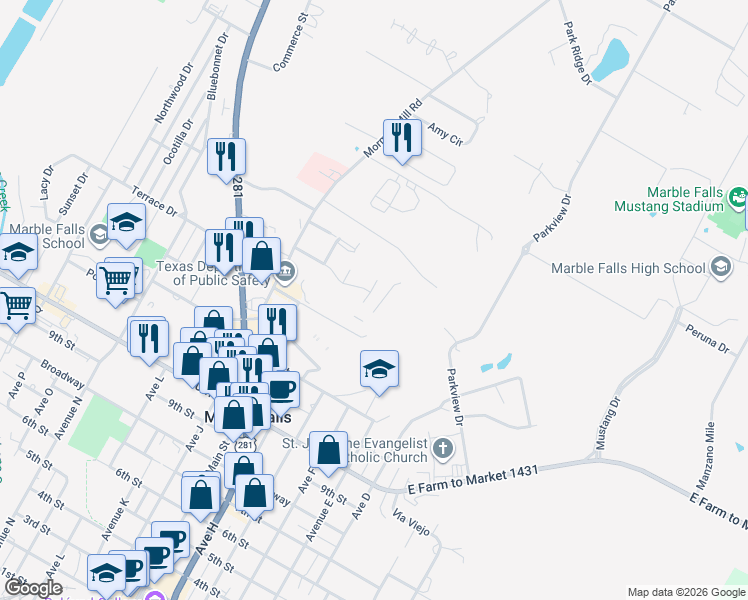 map of restaurants, bars, coffee shops, grocery stores, and more near 1501B North Claremont Circle in Marble Falls