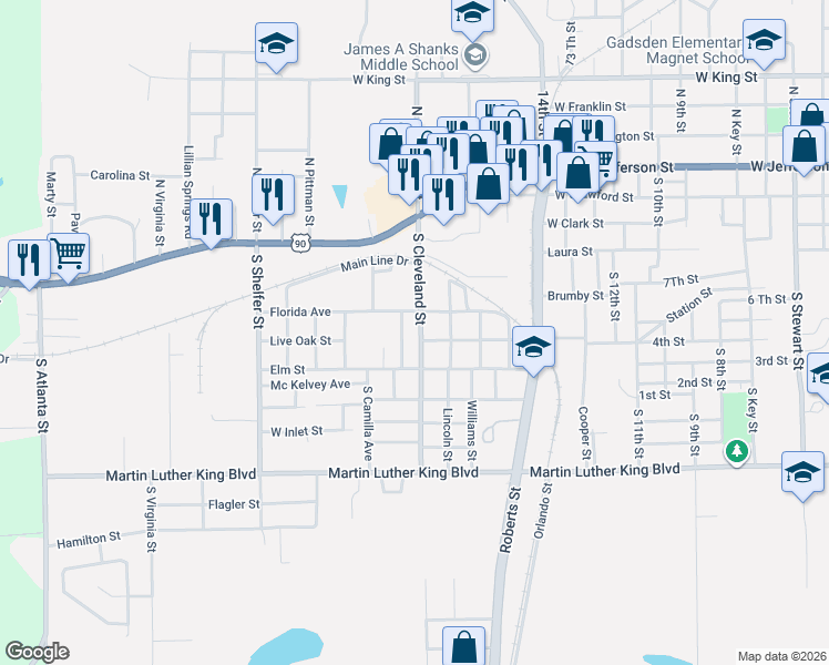 map of restaurants, bars, coffee shops, grocery stores, and more near 1513 Live Oak Street in Quincy