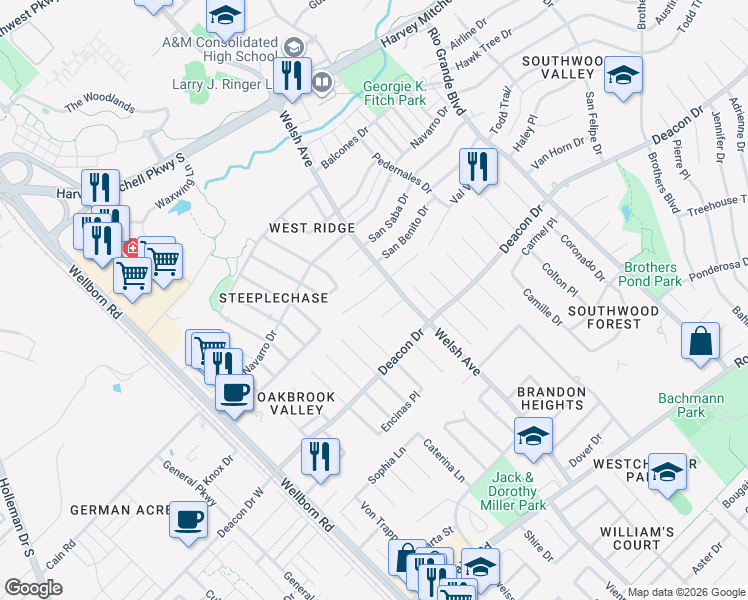 map of restaurants, bars, coffee shops, grocery stores, and more near 600 Clovis Court in College Station
