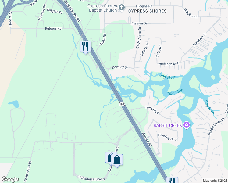 map of restaurants, bars, coffee shops, grocery stores, and more near Rangeline Road in Mobile