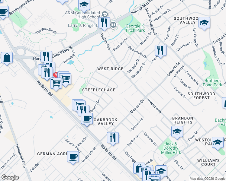 map of restaurants, bars, coffee shops, grocery stores, and more near 406 Pronghorn Loop in College Station