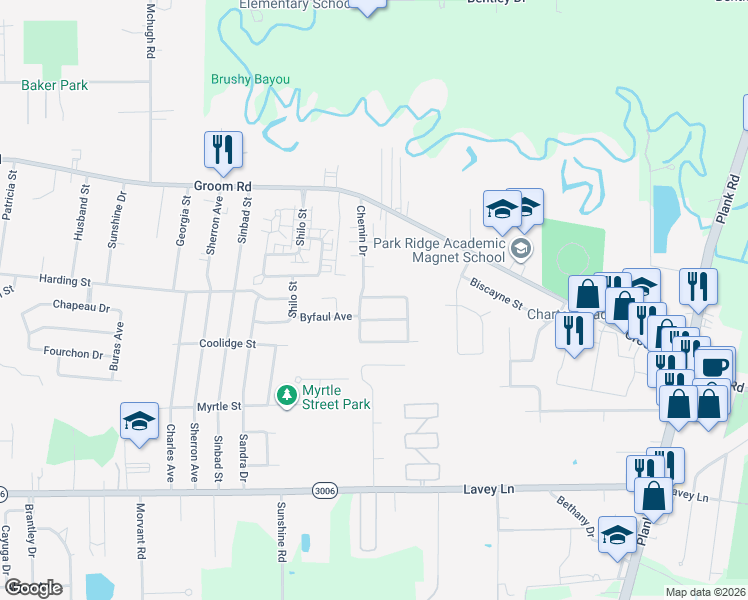 map of restaurants, bars, coffee shops, grocery stores, and more near 5307 Rue Nicole in Baker