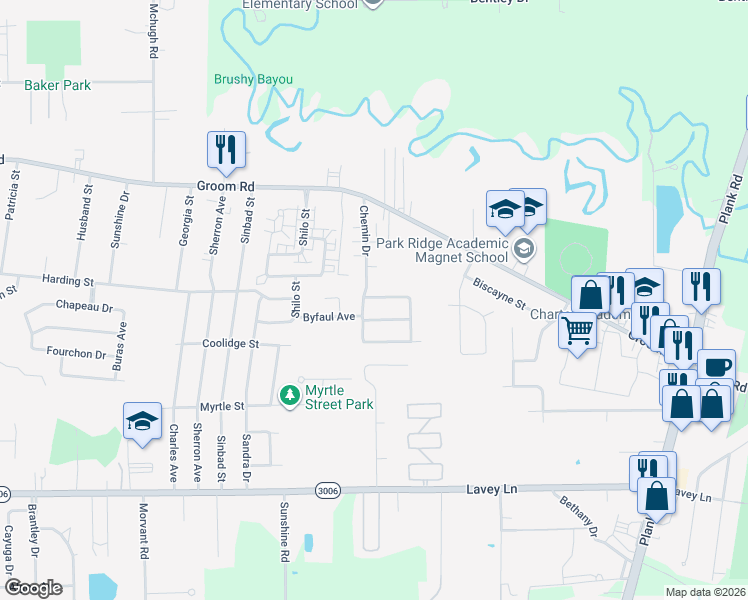 map of restaurants, bars, coffee shops, grocery stores, and more near 5307 Rue Nicole in Baker