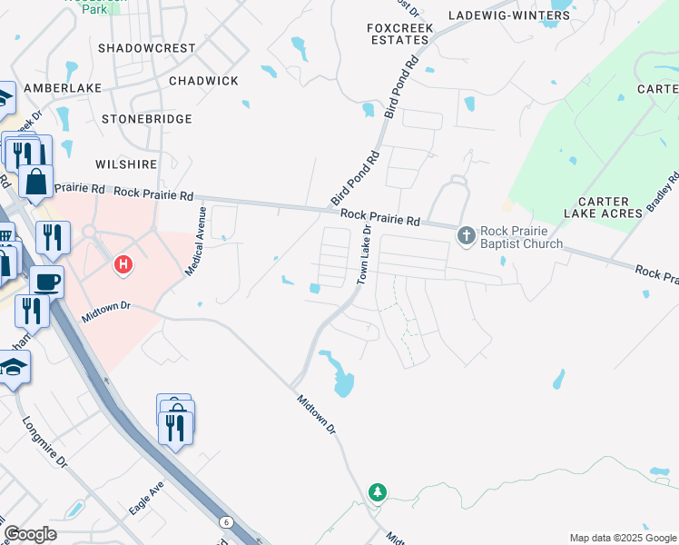 map of restaurants, bars, coffee shops, grocery stores, and more near 1124 Amistad Loop in College Station