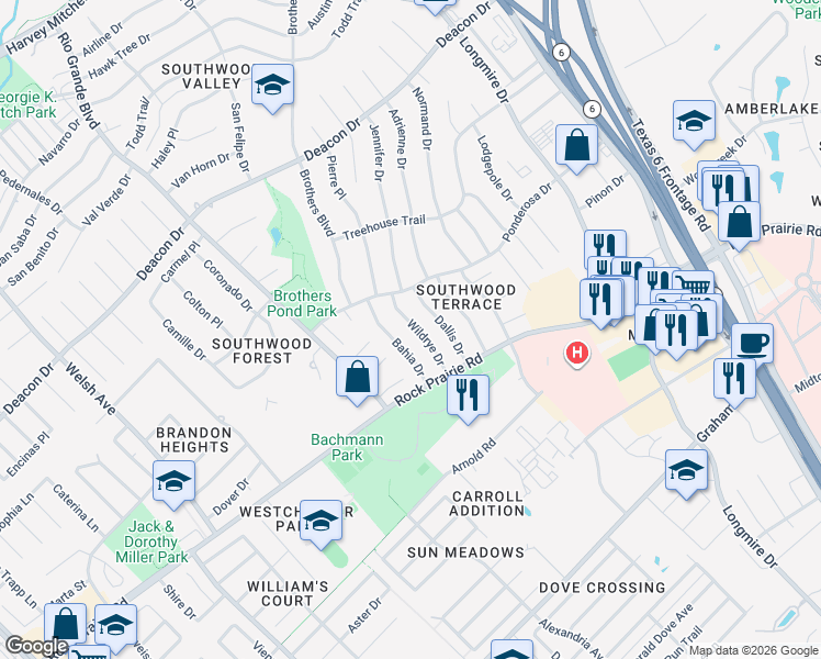 map of restaurants, bars, coffee shops, grocery stores, and more near 3302 Wildrye Drive in College Station