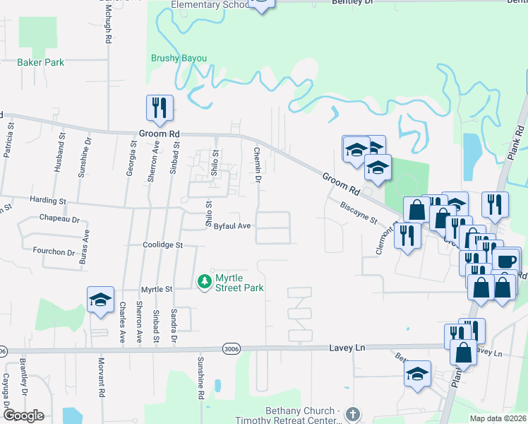 map of restaurants, bars, coffee shops, grocery stores, and more near 5307 Rue Nicole in Baker