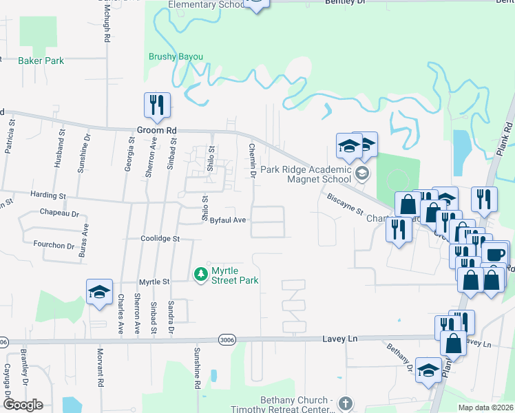 map of restaurants, bars, coffee shops, grocery stores, and more near 5307 Rue Nicole in Baker