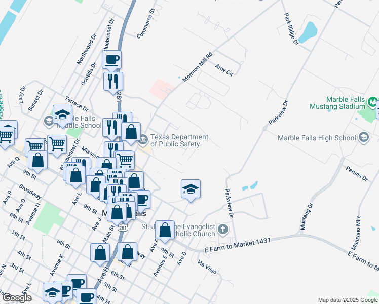 map of restaurants, bars, coffee shops, grocery stores, and more near 1501B North Claremont Circle in Marble Falls