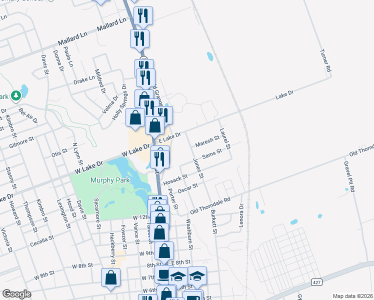 map of restaurants, bars, coffee shops, grocery stores, and more near 1609 Jones Street in Taylor