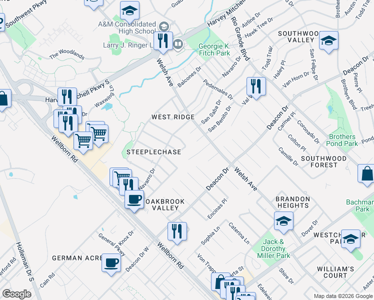 map of restaurants, bars, coffee shops, grocery stores, and more near 603 San Benito Court in College Station