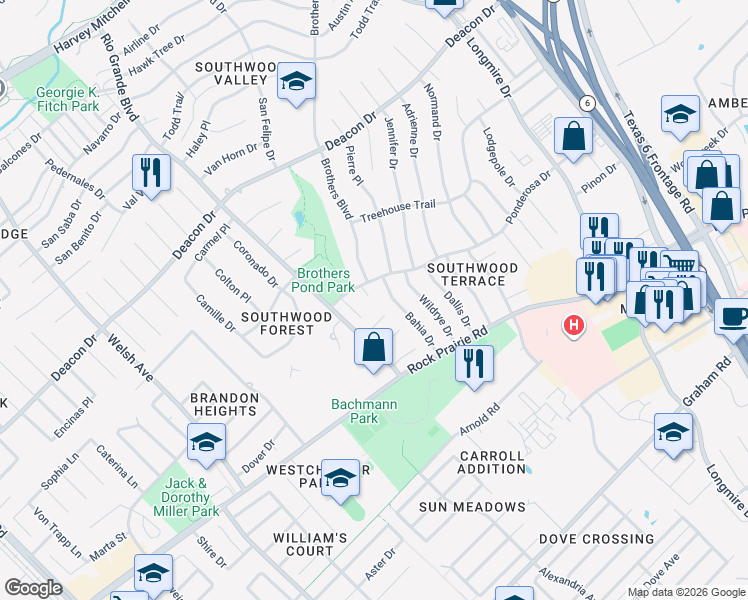 map of restaurants, bars, coffee shops, grocery stores, and more near 3201 Callie Circle in College Station