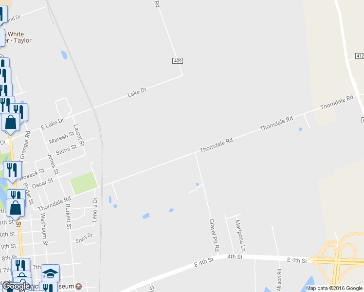 map of restaurants, bars, coffee shops, grocery stores, and more near 1407 Thorndale Rd in Taylor