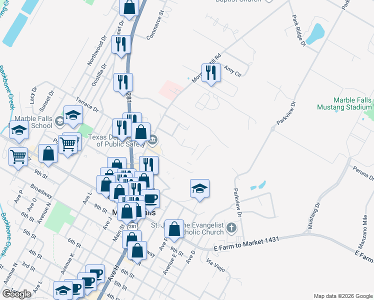 map of restaurants, bars, coffee shops, grocery stores, and more near 705 Claremont Parkway in Marble Falls